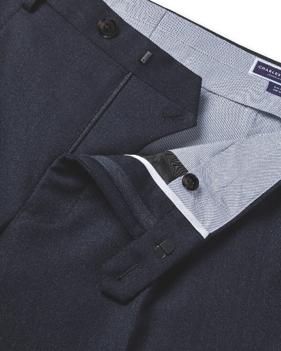 Navy Twill Wool Stretch Slim Fit Pleated Trousers