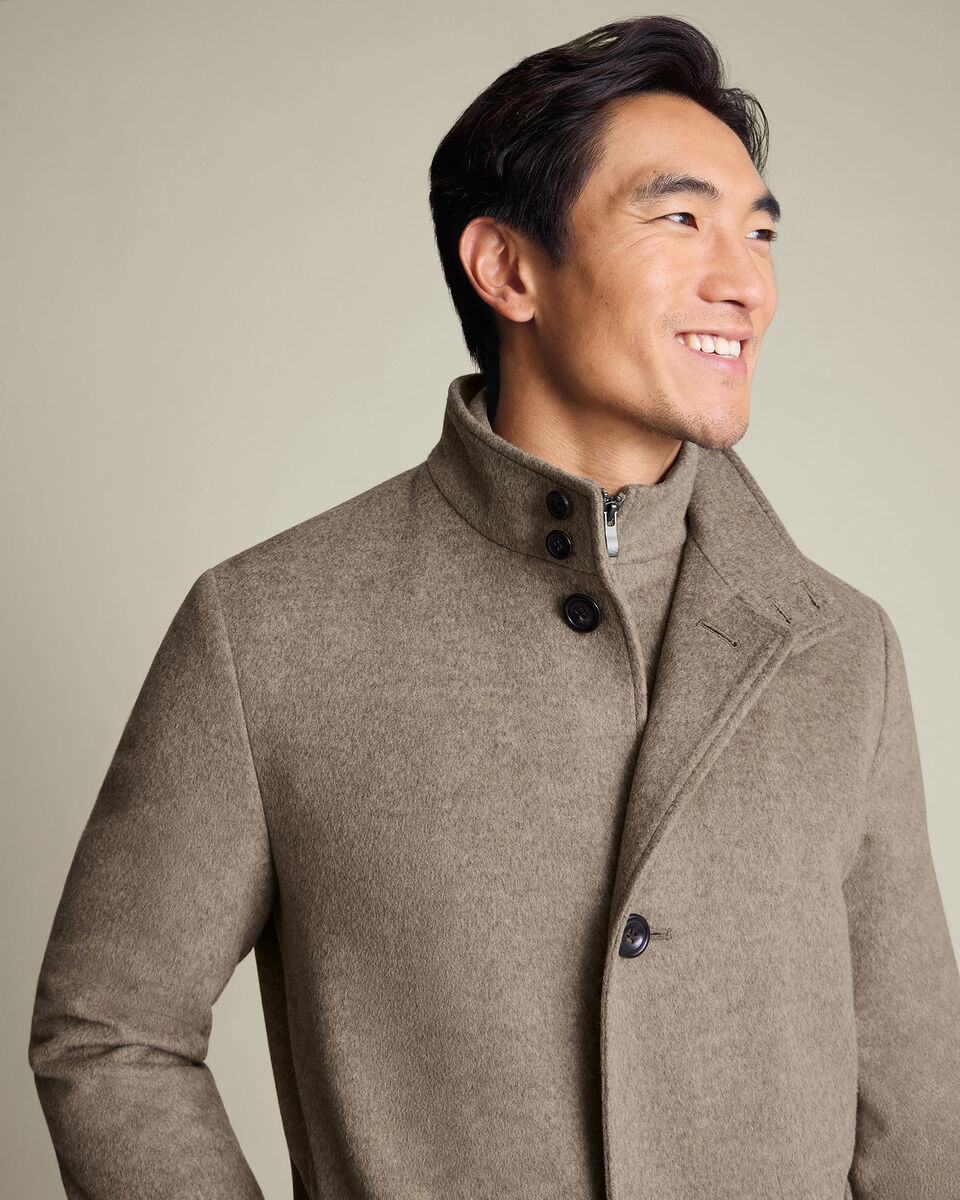 Oatmeal Pure Wool Funnel Neck Overcoat
