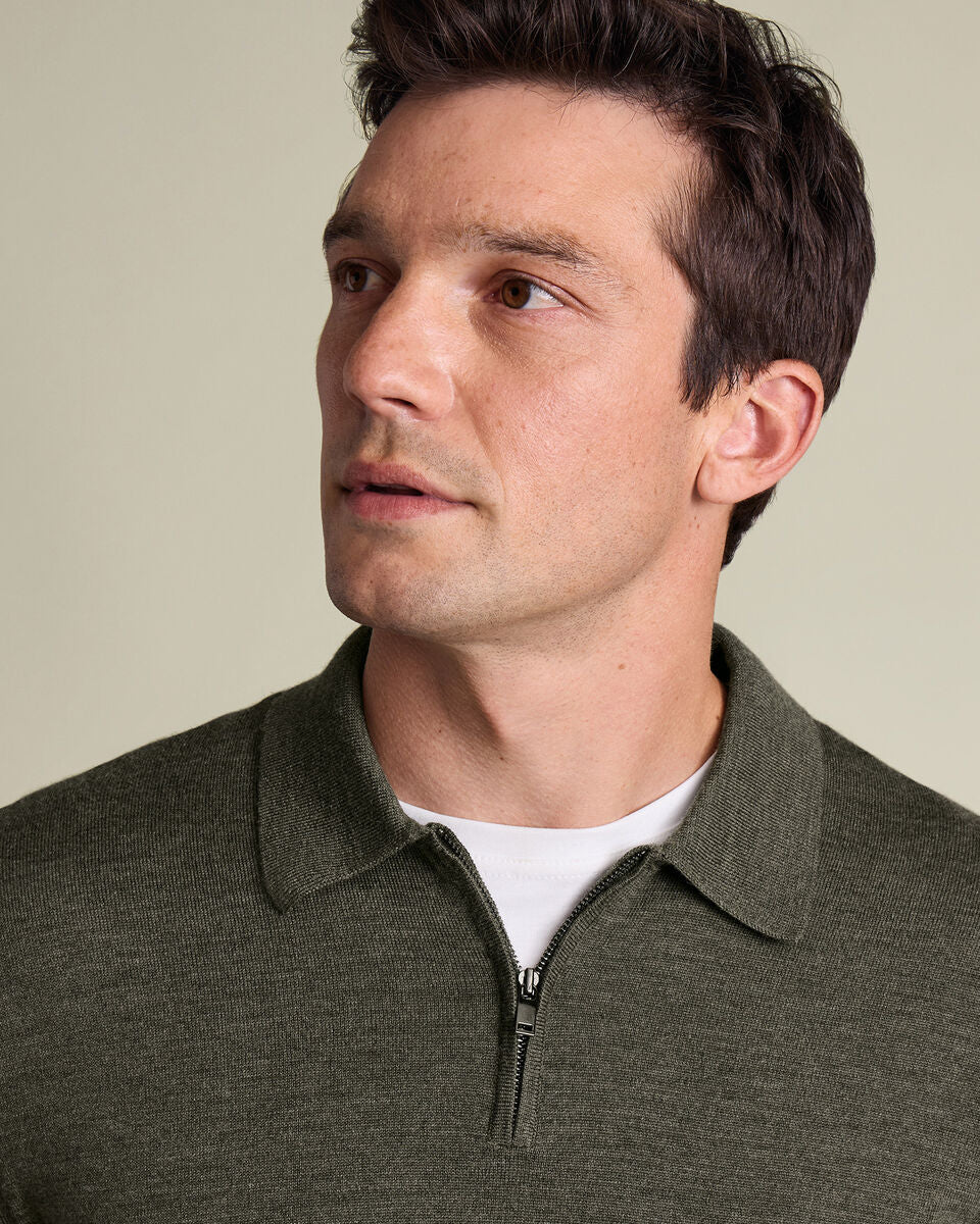 Olive Green Pure Merino Zip Polo Neck Jumper