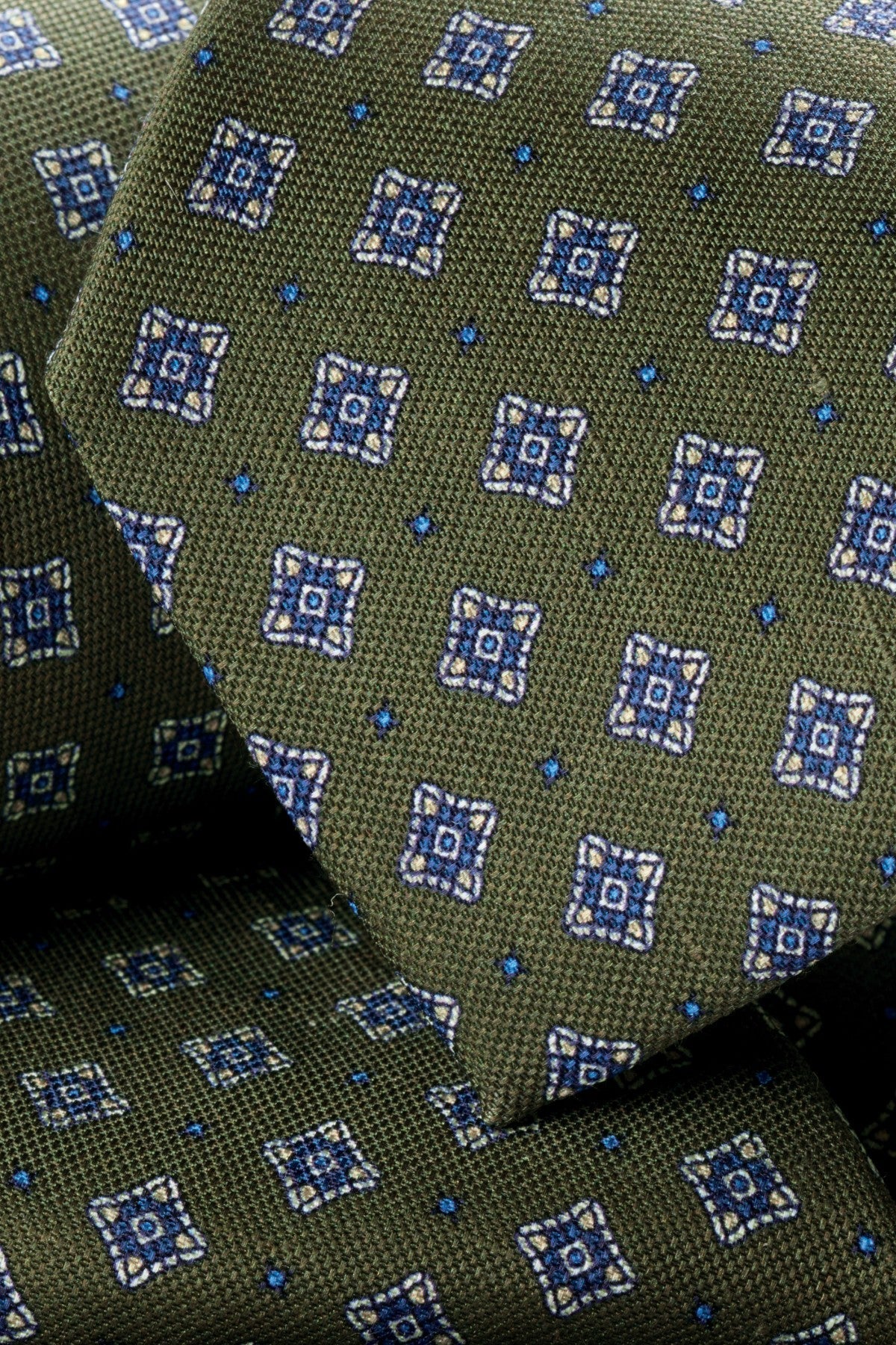 Moss Green And Blue Linen Silk Geo Tie