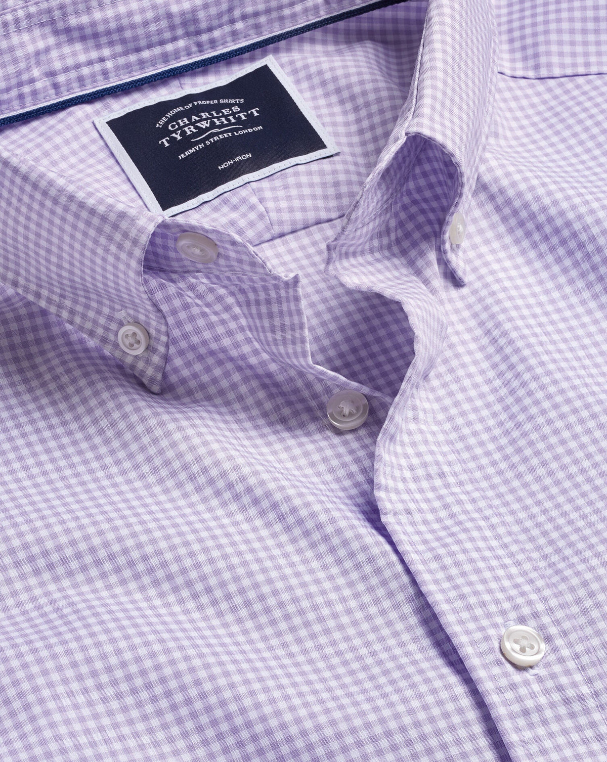 Lilac Purple Mini Gingham Slim Fit Non-Iron Stretch Poplin Shirt