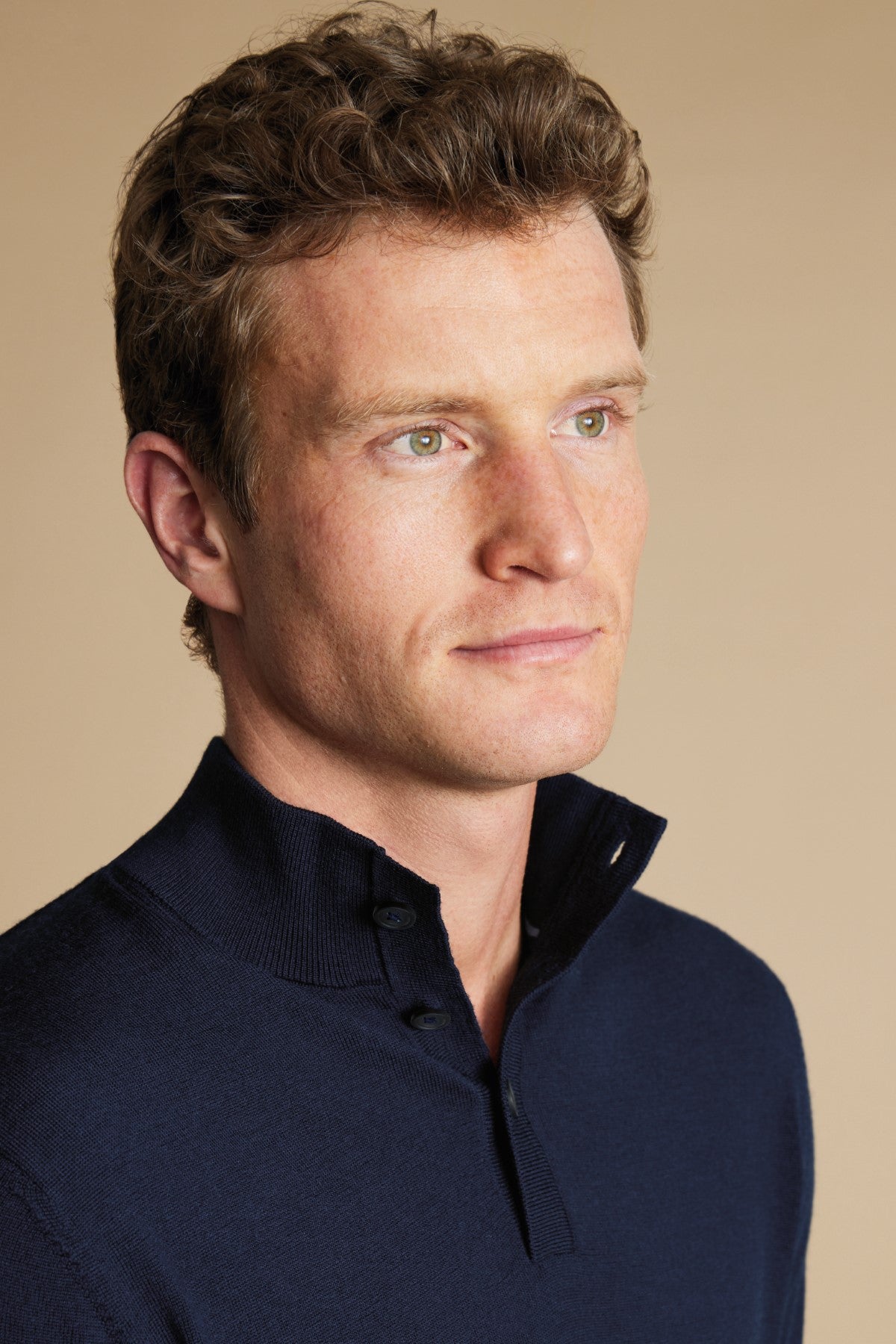 Navy Blue Pure Merino Button Neck Jumper