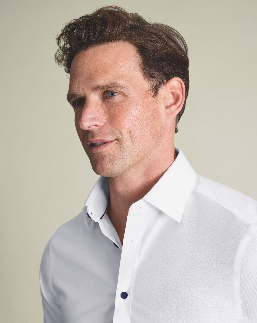 White Non-Iron Twill With Contrast Blue Buttons Slim Fit Shirt