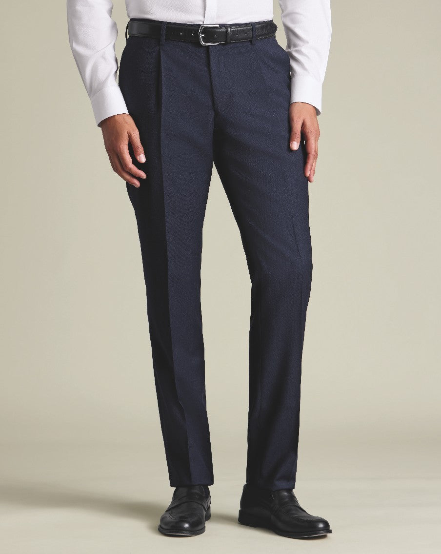 Navy Twill Wool Stretch Slim Fit Pleated Trousers
