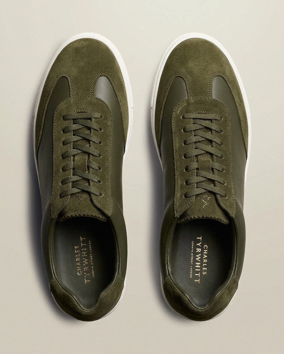 Olive Green Leather And Suede Trainer
