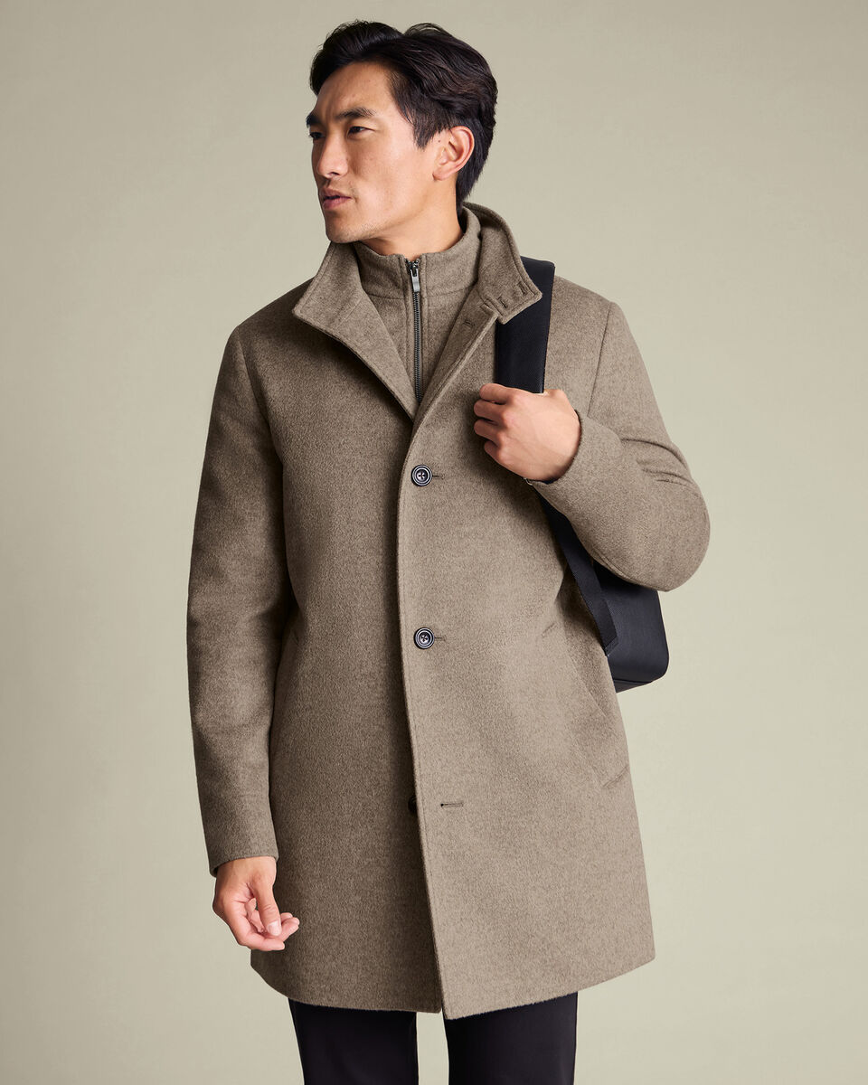 Oatmeal Pure Wool Funnel Neck Overcoat