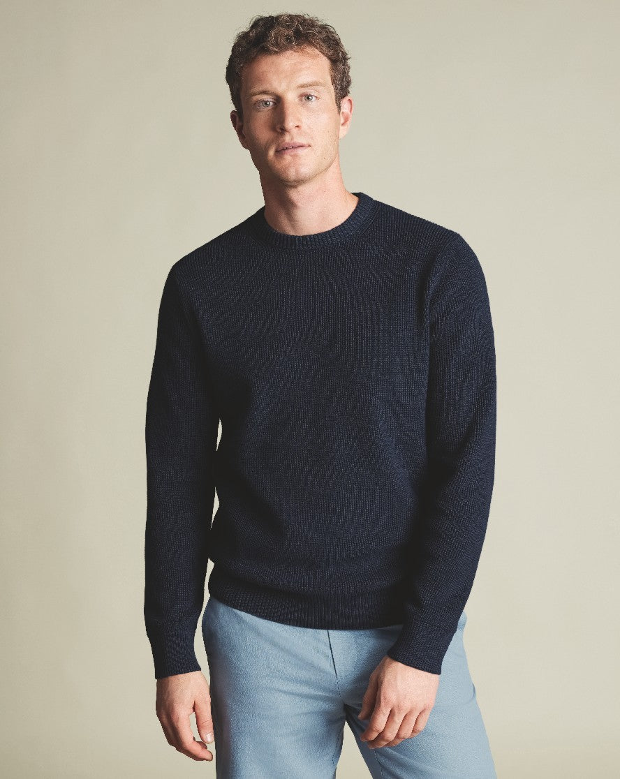 Navy Blue Cotton Rib Crew Neck Jumper