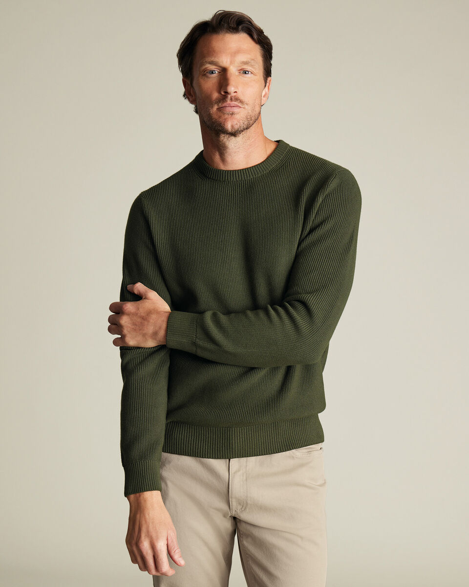 Olive Green Cotton Rib Crew Neck Jumper