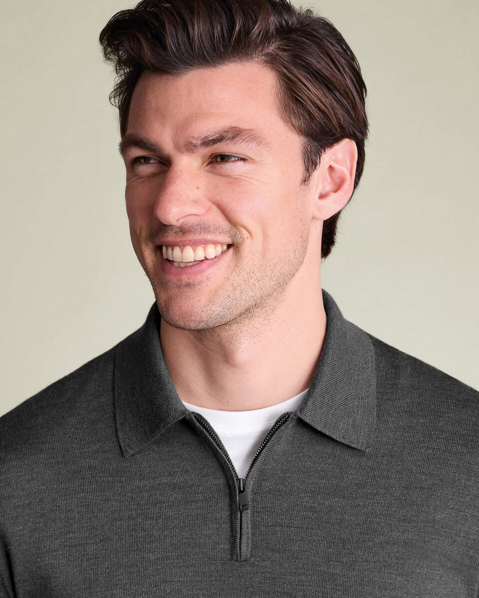 Grey Pure Merino Zip Polo Neck Jumper