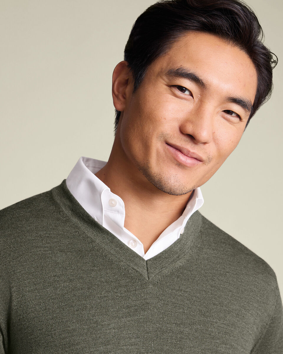 Olive Green Pure Merino V Neck Jumper