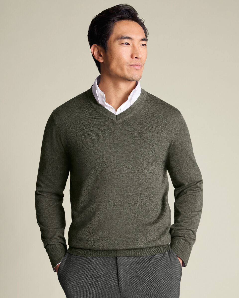 Olive Green Pure Merino V Neck Jumper