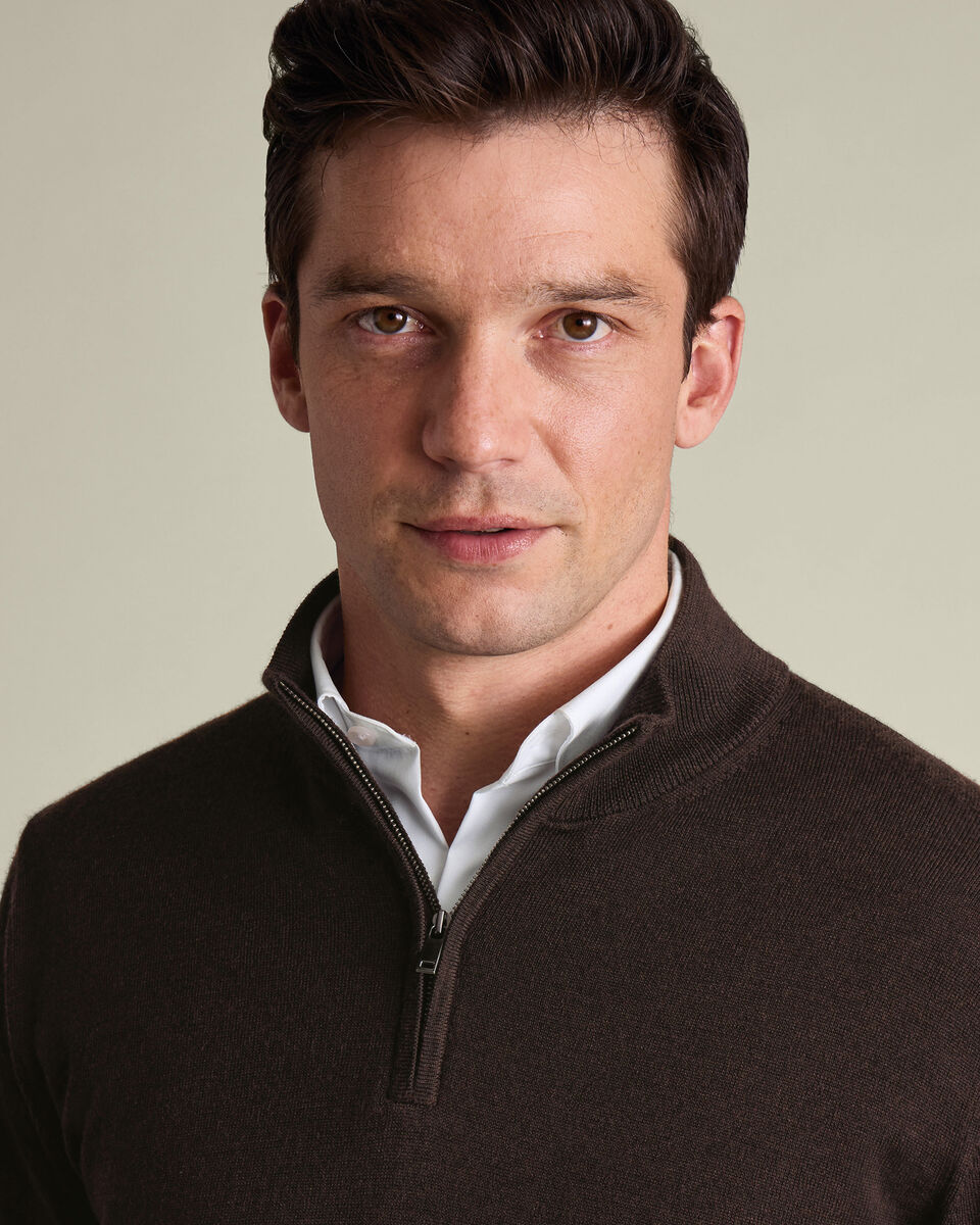 Chocolate Brown Merino Zip Neck Jumper