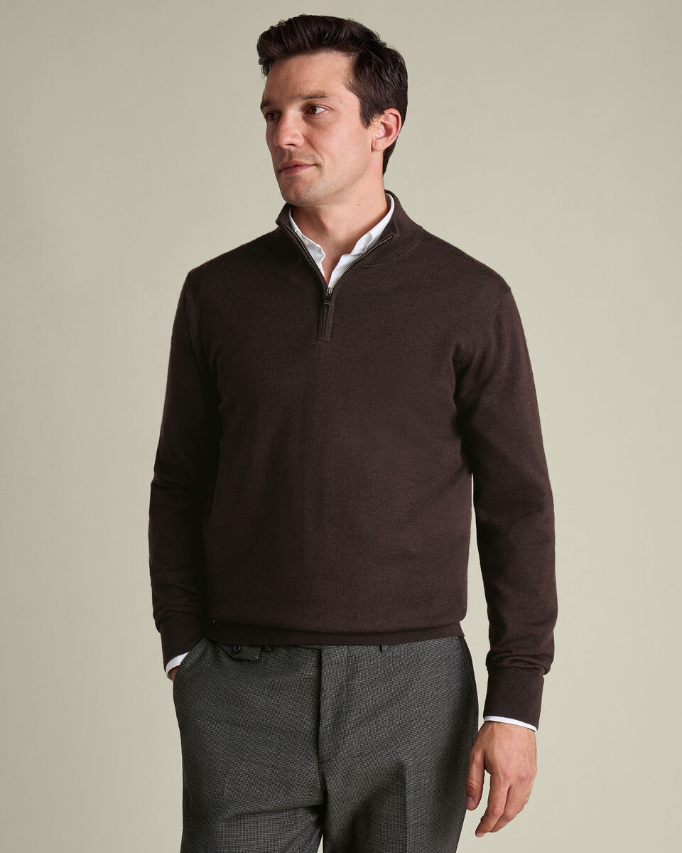 Chocolate Brown Merino Zip Neck Jumper