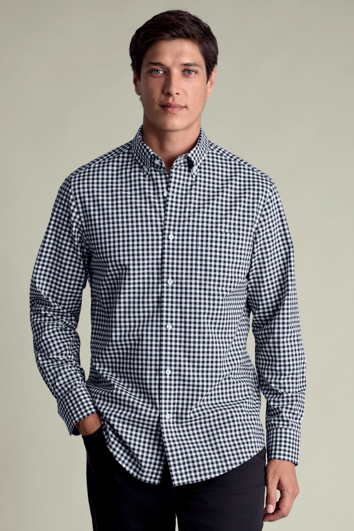 Dark Navy Gingham Button-Down Stretch Washed Poplin Slim Fit Shirt