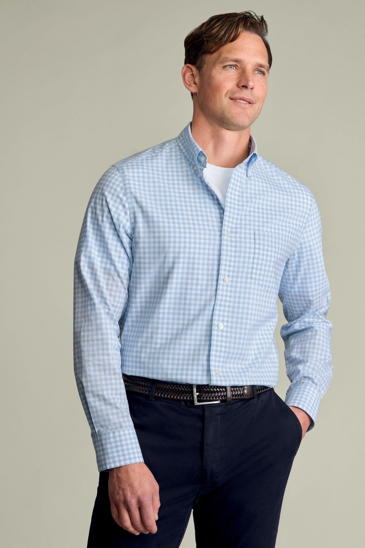 Light Blue Gingham Button-Down Stretch Washed Poplin Slim Fit Shirt