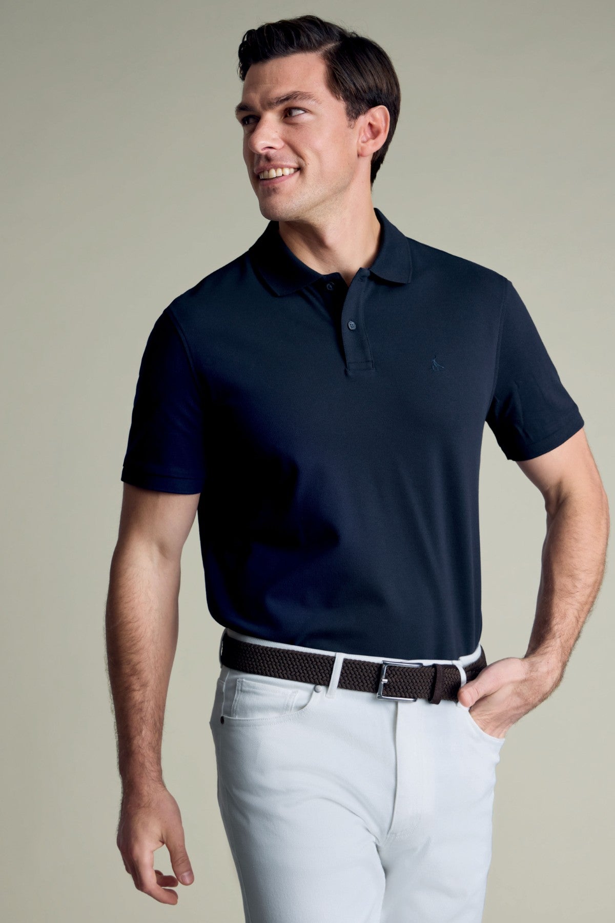 Navy Blue Solid Short Sleeve Cotton Stretch Pique Polo