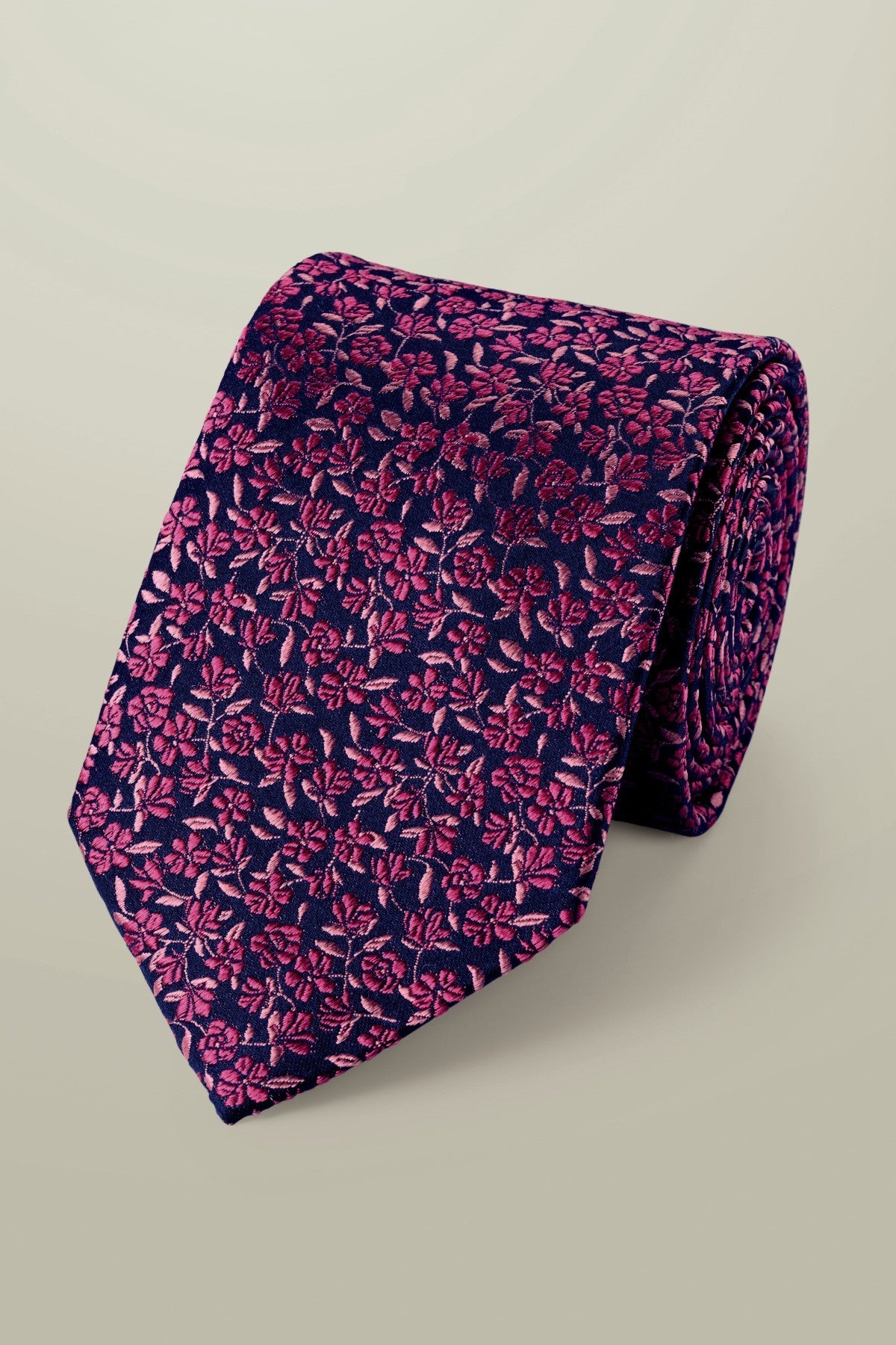 Navy And Bright Pink Silk Floral Tie