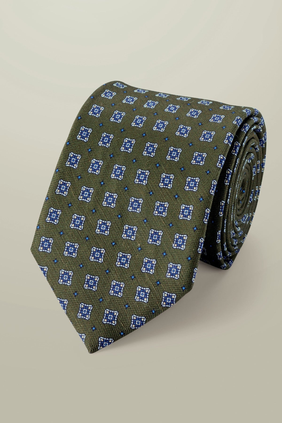 Moss Green And Blue Linen Silk Geo Tie