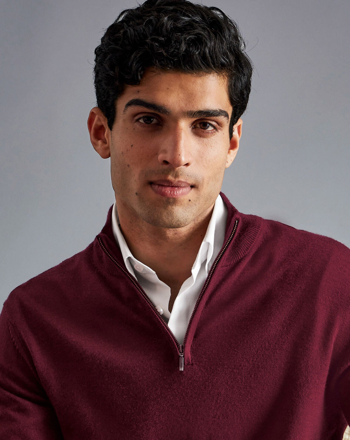 Burgundy Red Pure Merino Zip Neck Jumper