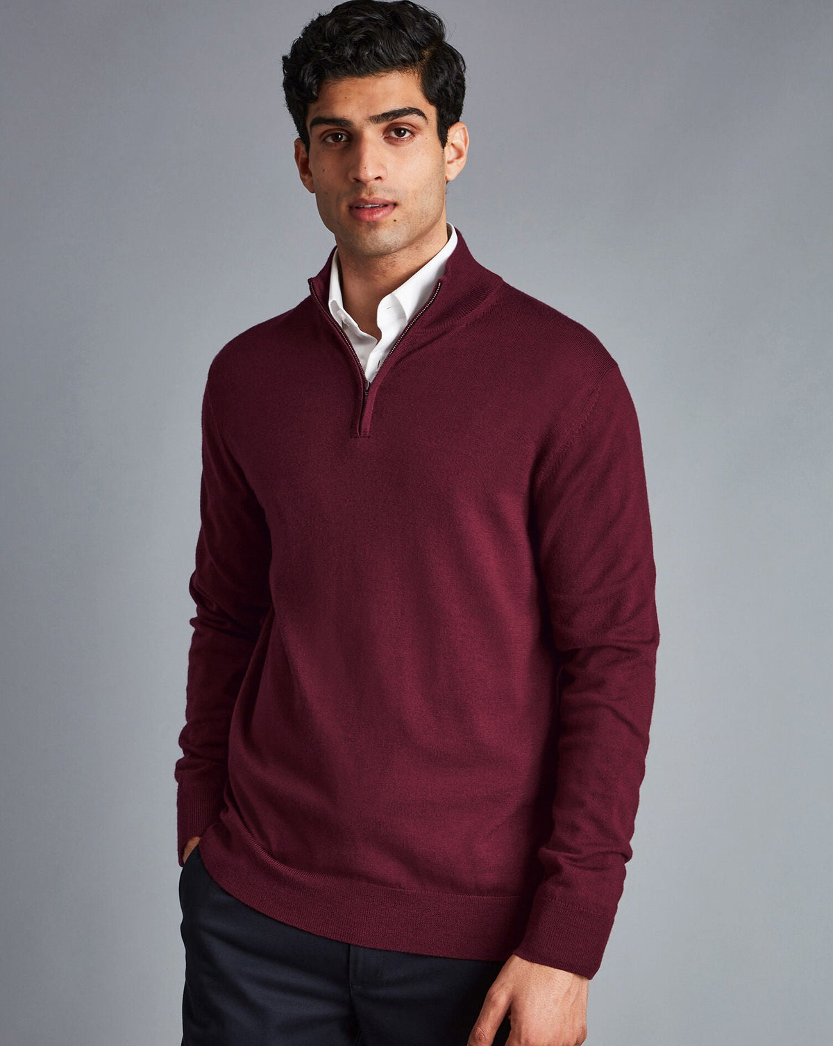 Burgundy Red Pure Merino Zip Neck Jumper