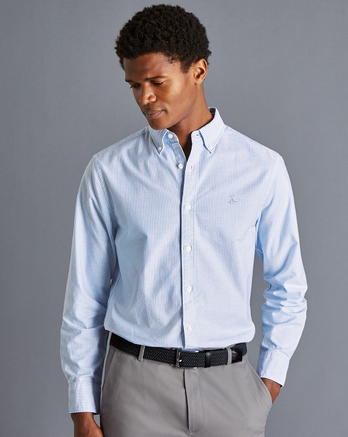Ocean Blue Stripe Slim Fit Button-Down Washed Oxford Shirt