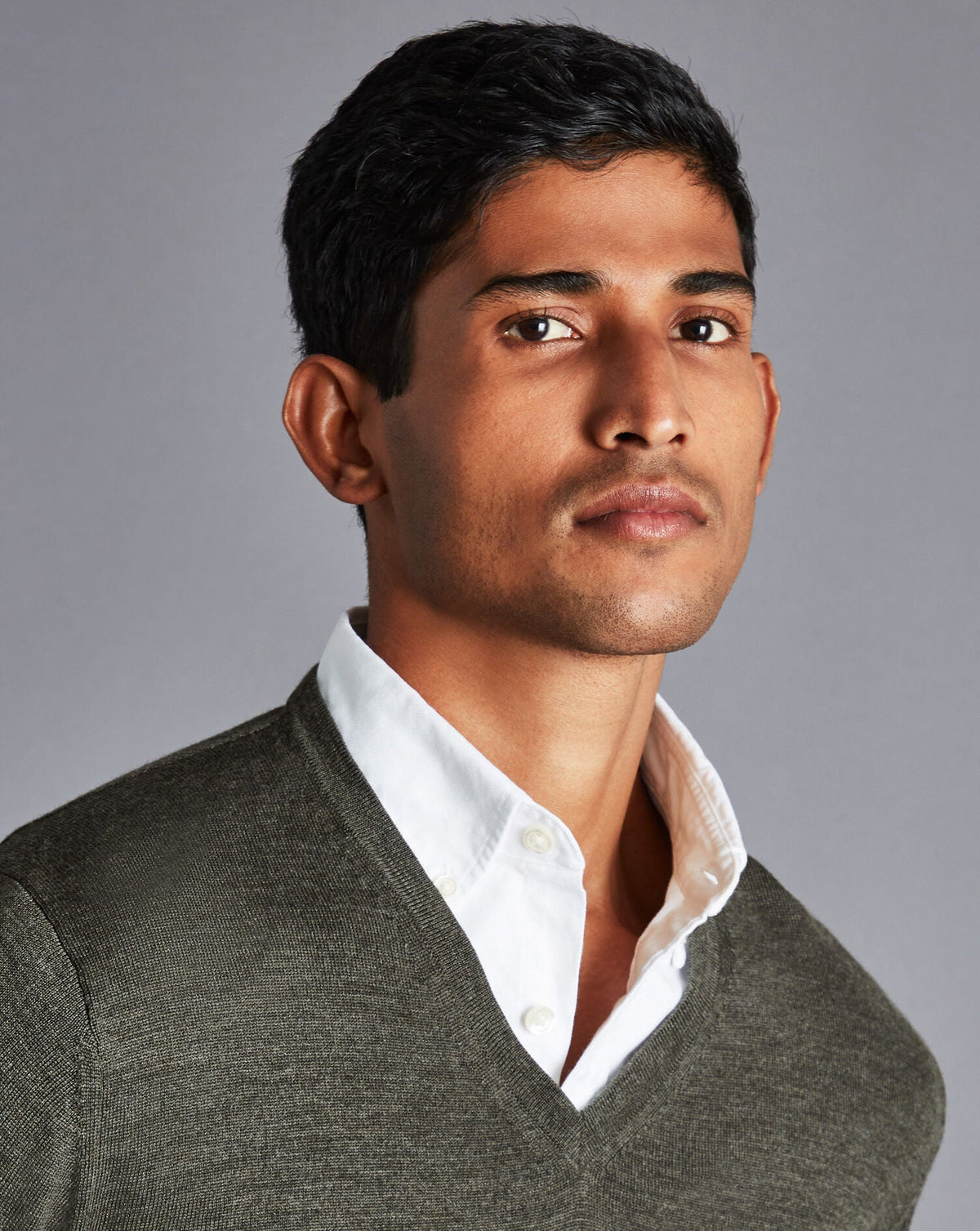 Olive Green Melange Pure Merino V Neck Jumper