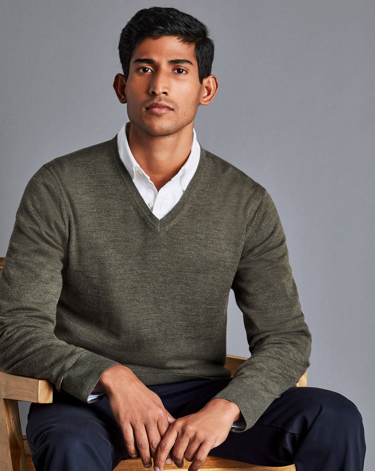Olive Green Melange Pure Merino V Neck Jumper