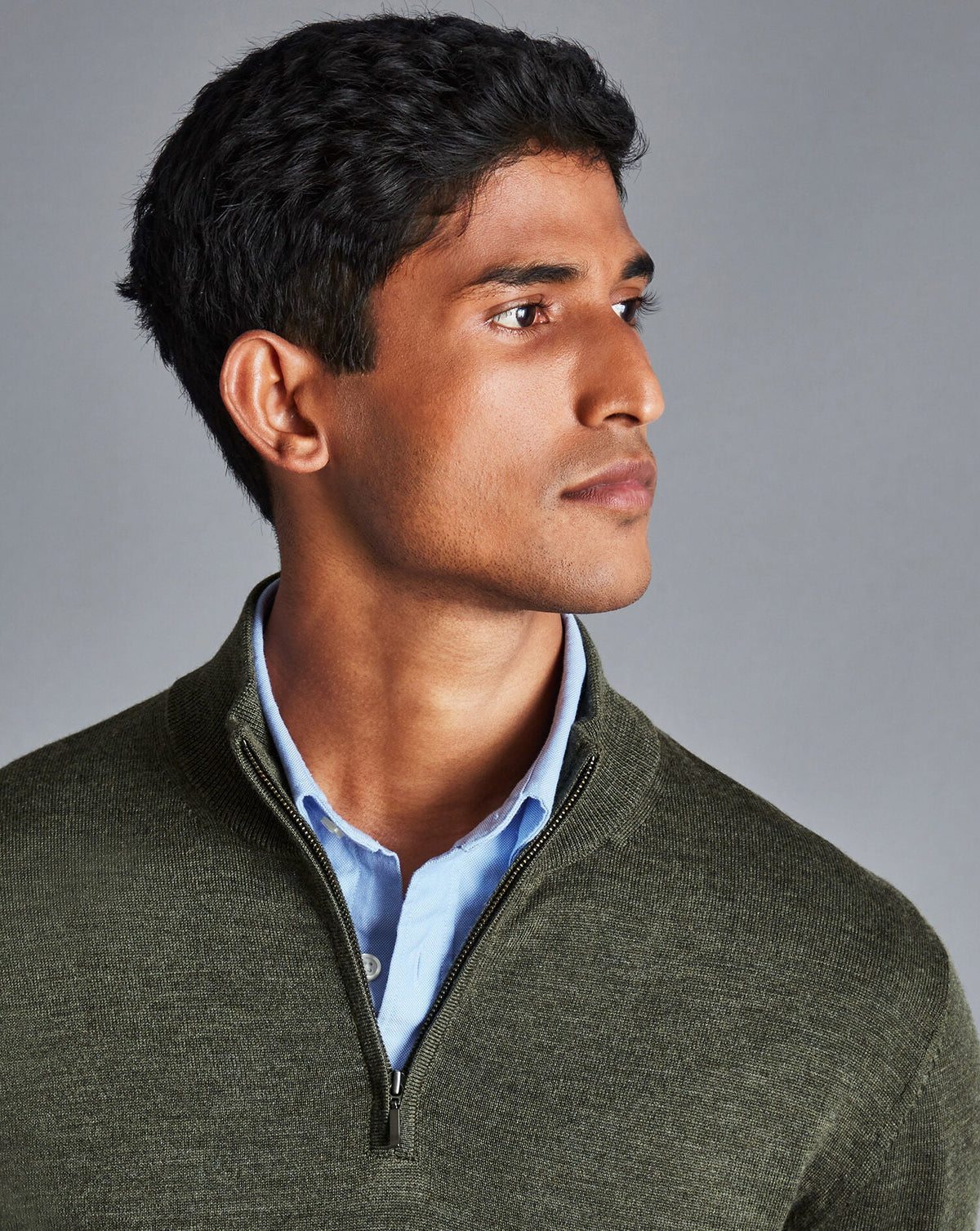 Olive Green Melange Pure Merino Zip Neck Jumper