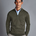 Olive Green Melange Pure Merino Zip Neck Jumper