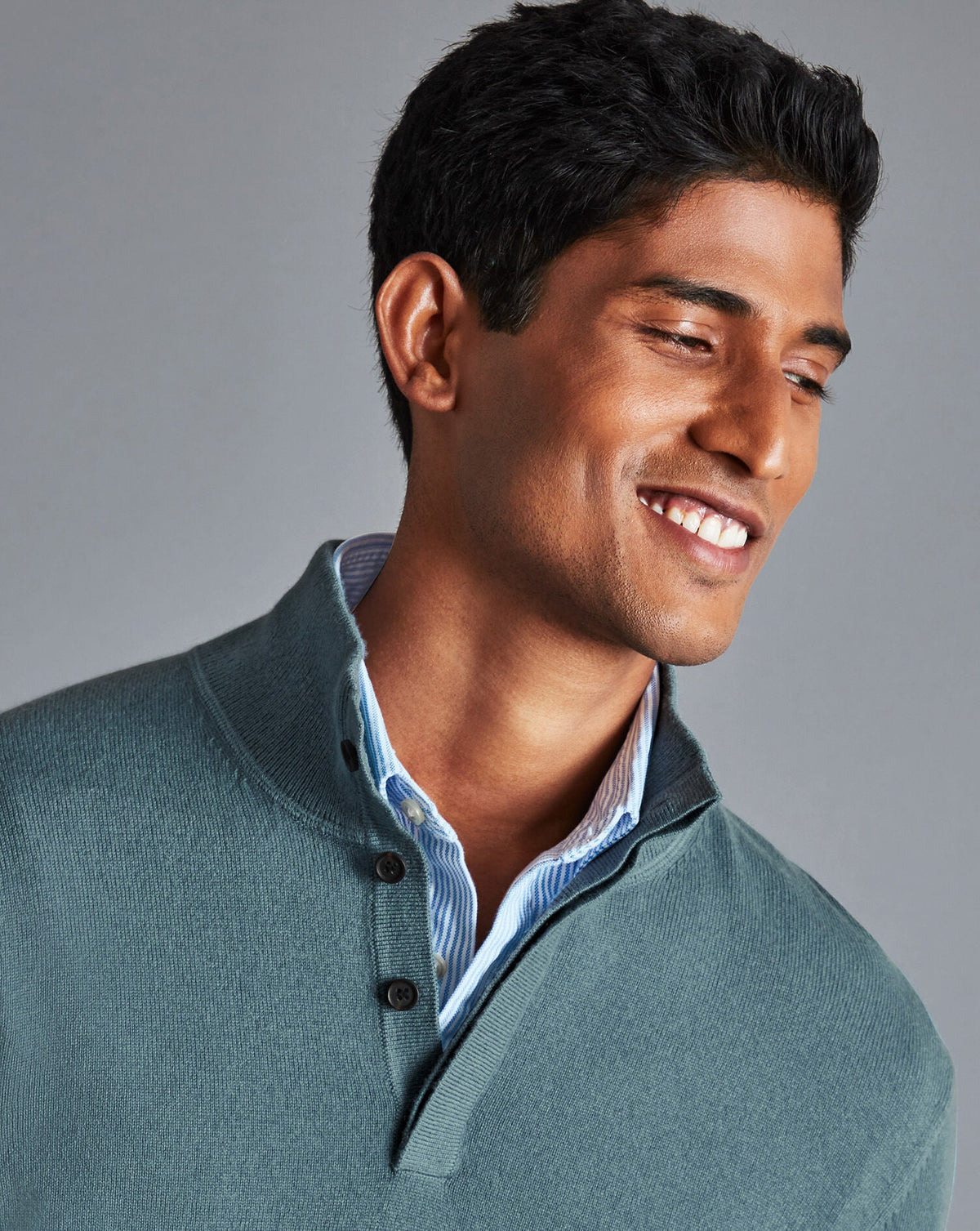 Pale Teal Green Merino/Cashmere Button Neck Jumper