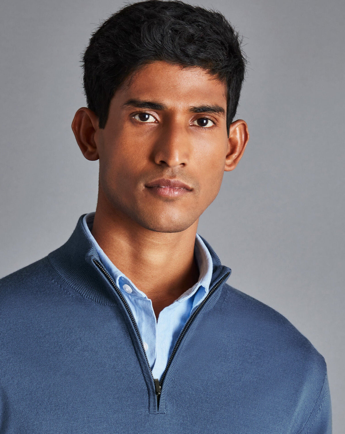 Steel Blue Pure Merino Zip Neck Jumper