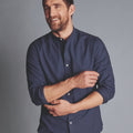 Heather Blue Stretch Washed Oxford Collarless Slim Fit Shirt