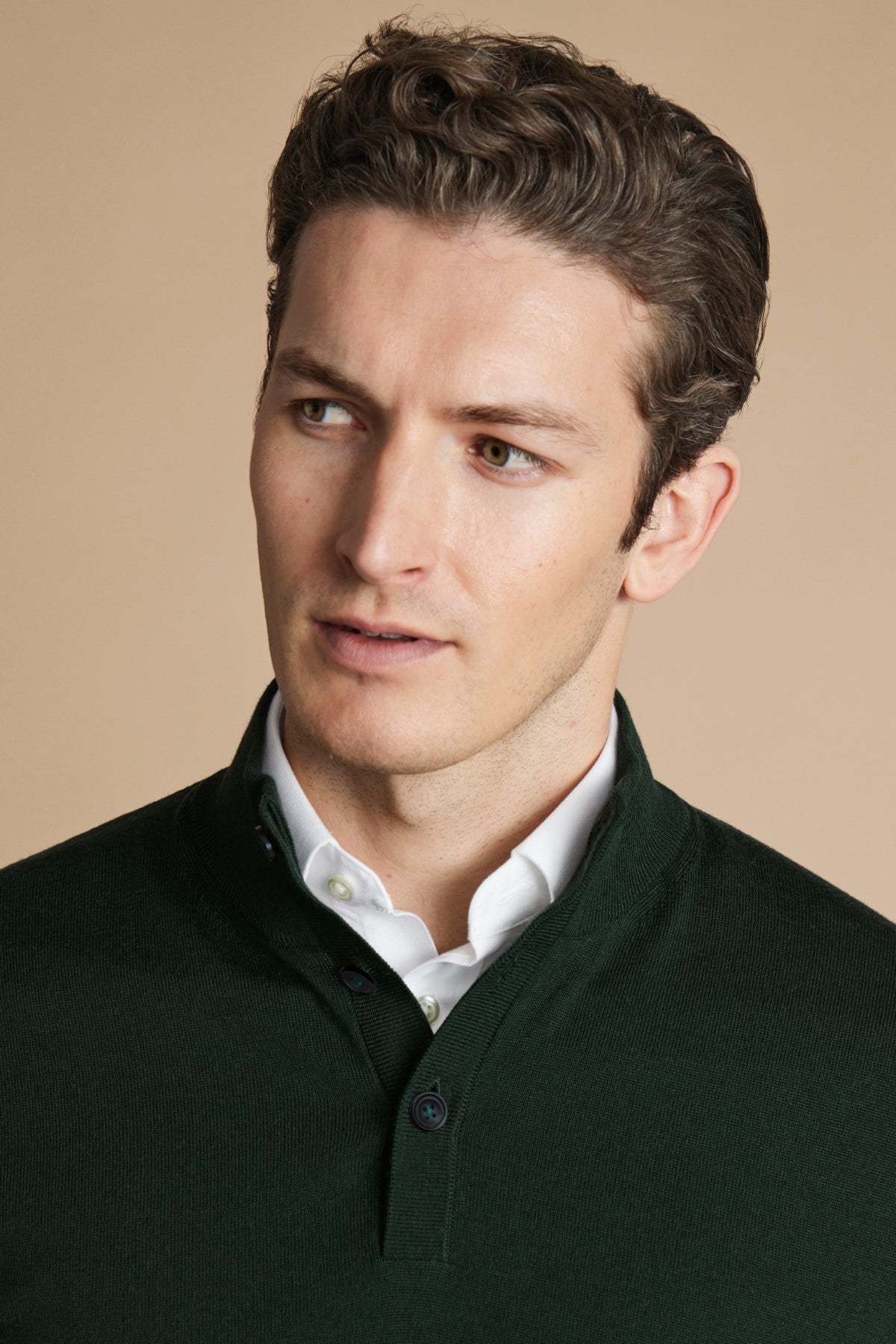 Forest Green Pure Merino Button Neck Jumper