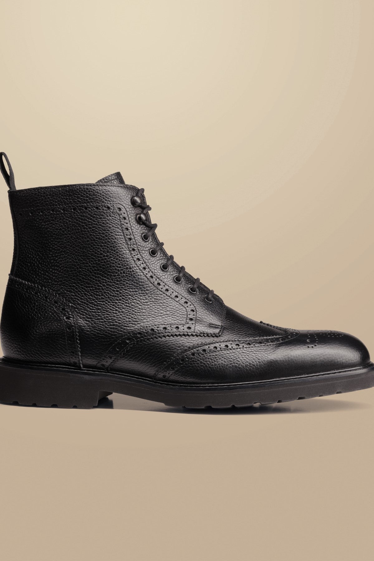 Black Grain Leather Rubber Sole Brogue Boot